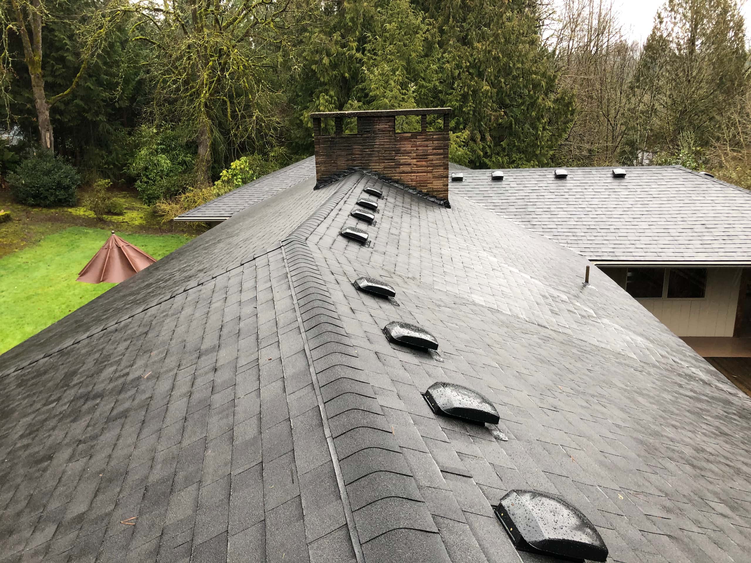 Reliance Roof Pros | West Linn | New Roof | Malarkey Highlander AR in Midnight Black | Ridge Line Chimney